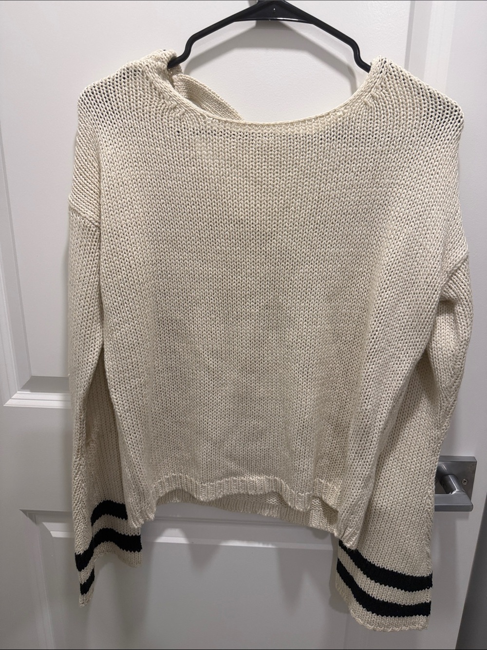 Etro Cream Open-Weave Crew Sweater with Black Stripe Cuffs